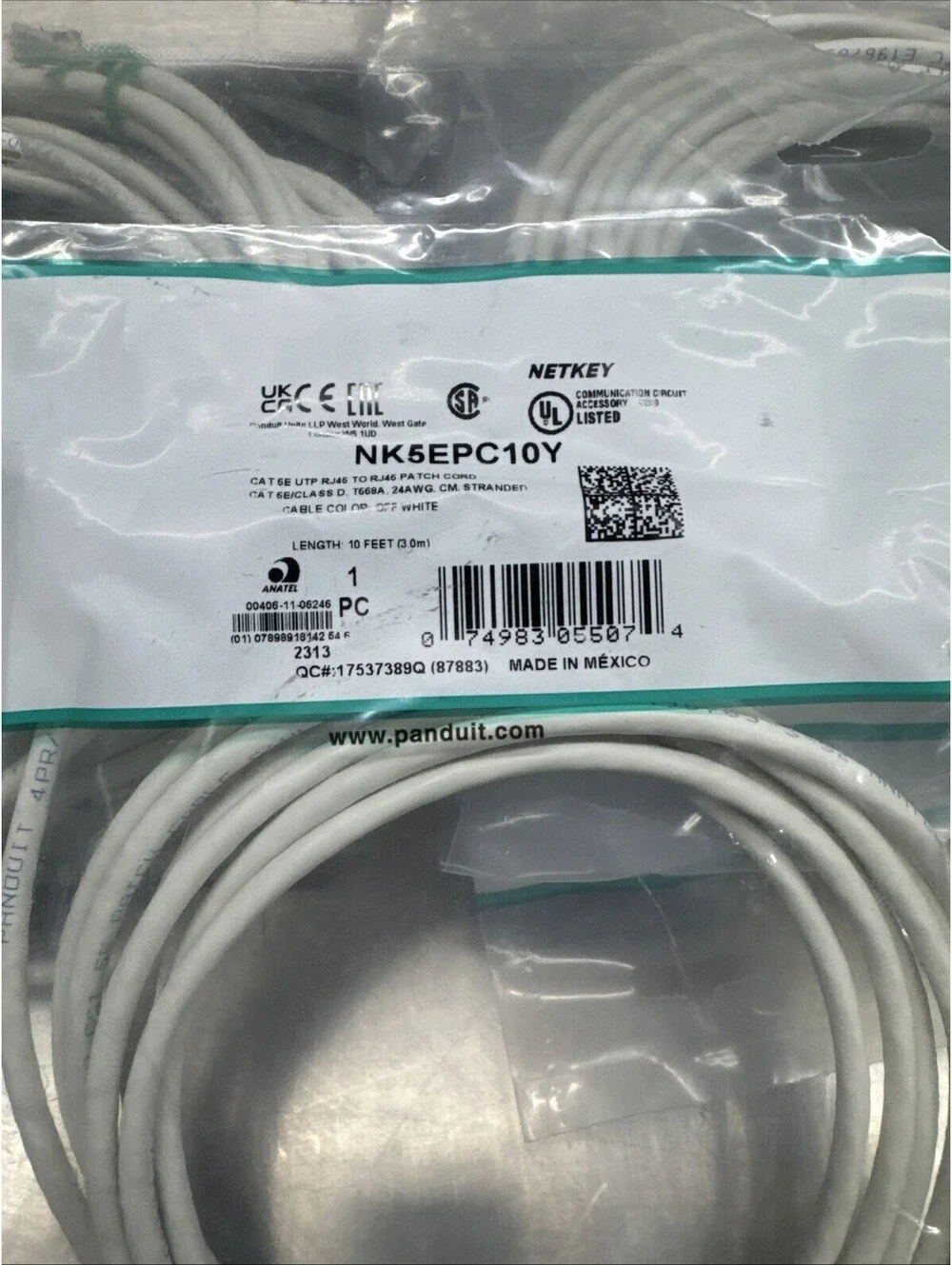 Panduit NK5EPC10Y NetKey Cat 5e 24 AWG UTP RJ45~RJ45 Patch Cord 10 ft White 18pc
